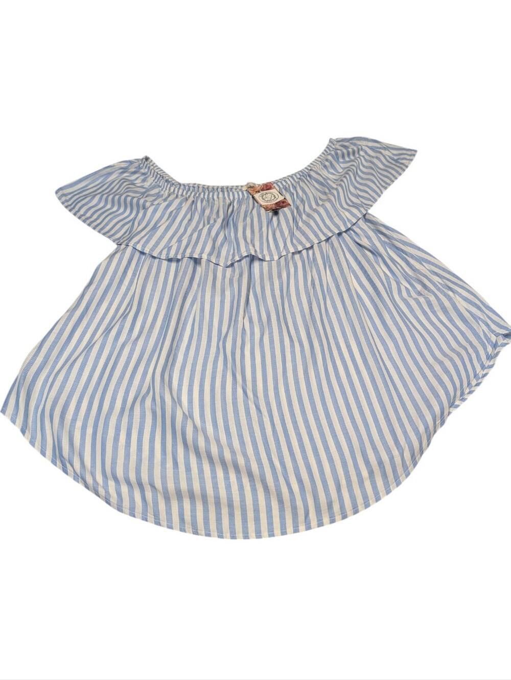 Maitai 2X Blue White Stripe Ruffle Off Shoulder Puff Sleeve Blouse NWT - Picture 4 of 9